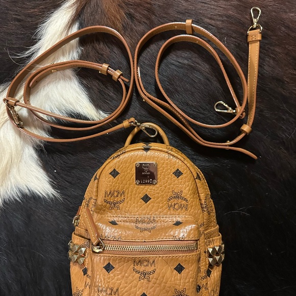 MCM Tan Backpack with Signature Monogram and Studded Accents